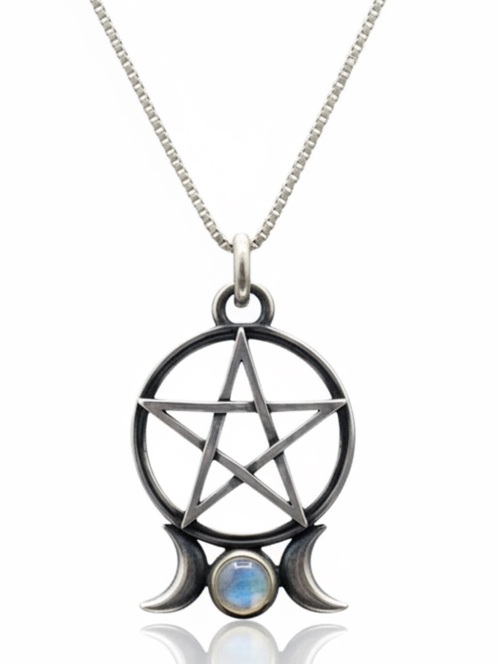 Solid 925 Sterling Silver Triple Moon Pentagram Necklace w/ Moonstone